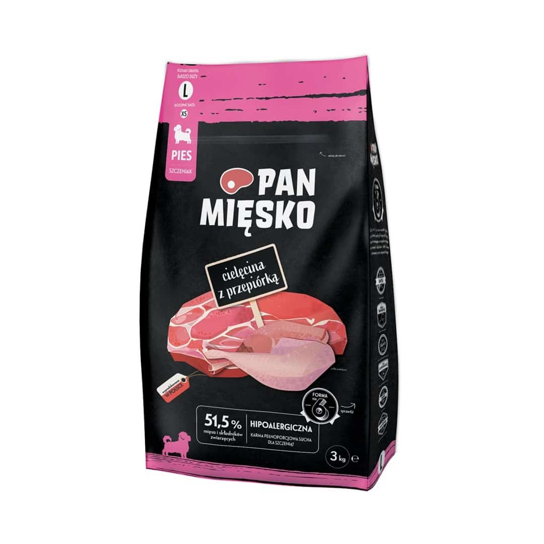 Karma sucha dla szczeniąt Pan Mięsko Cielęcina z przepiórką 3kg